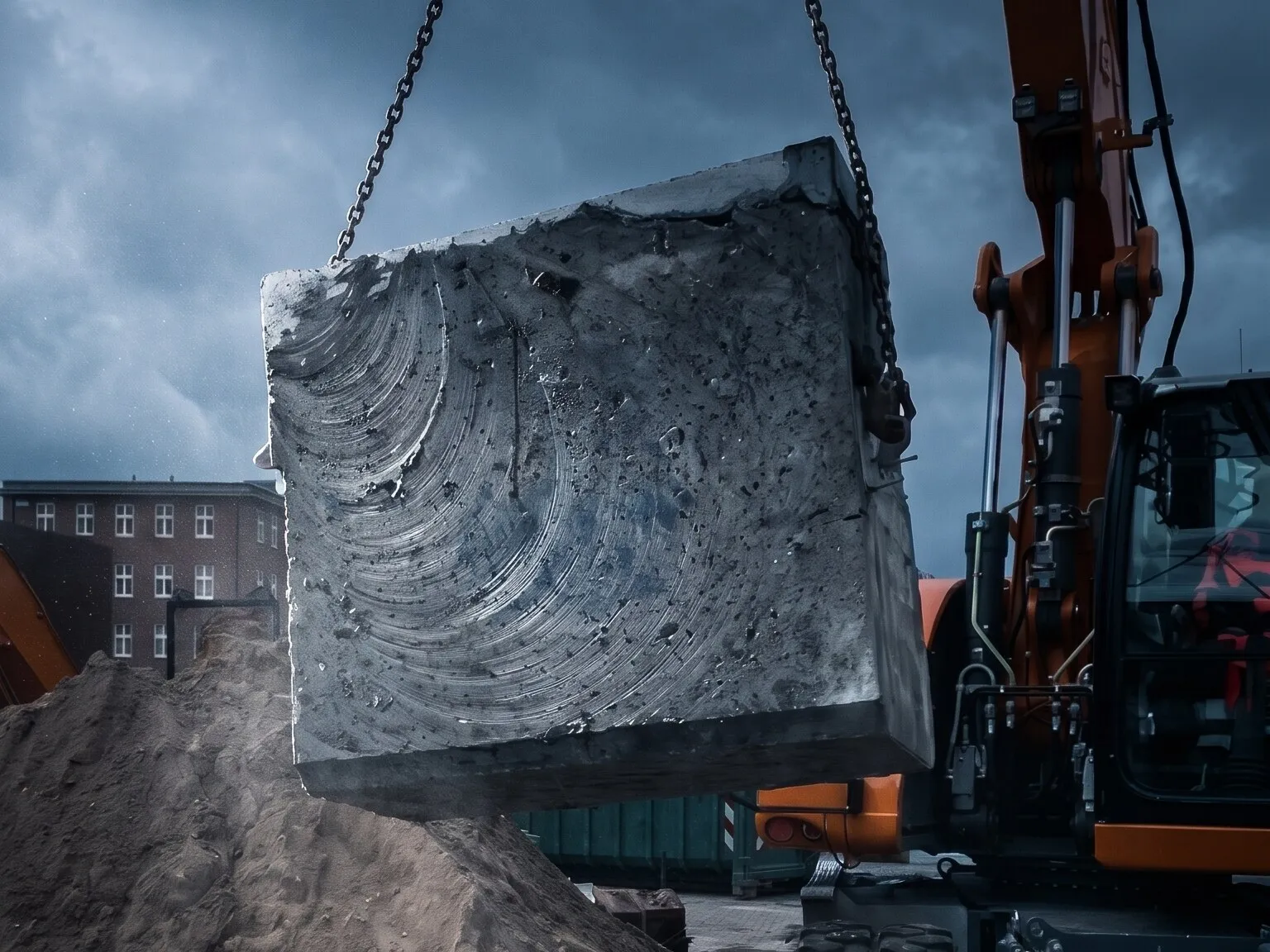 Herausgesägter Betonblock mit Sägespuren hängt an Ketten am Bagger