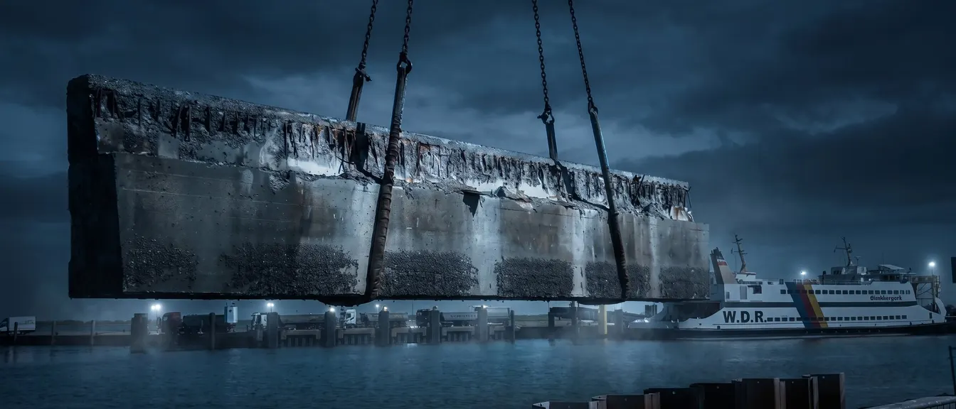 Abgesägter Betonbalken hängt an Kranketten über dem Hafen, im Hintergrund eine Fähre