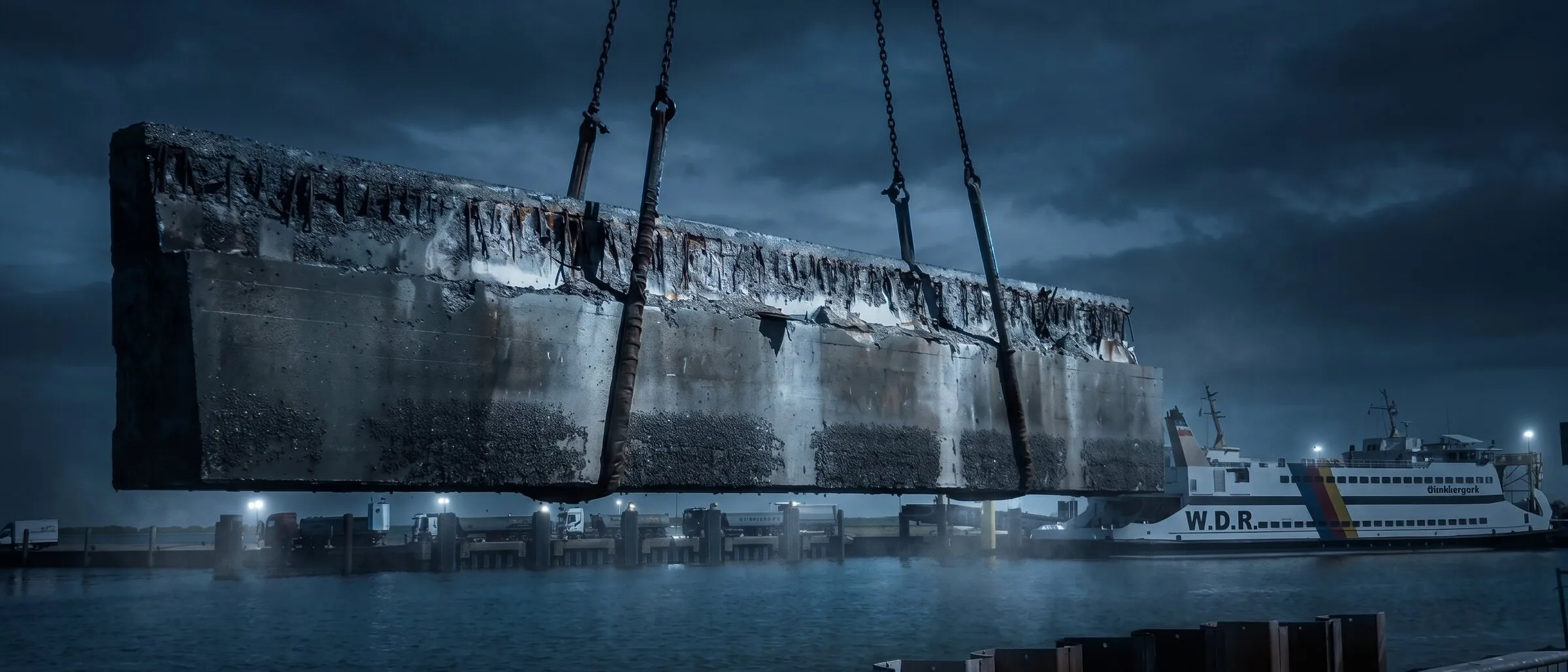 Abgesägter Betonbalken hängt an Kranketten über dem Hafen, im Hintergrund eine Fähre