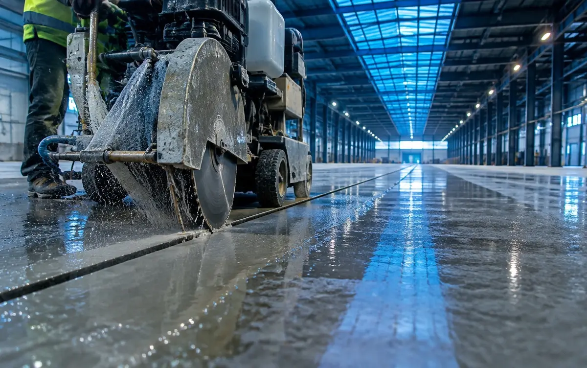 Fugenschneider fährt über den nassen Boden einer großen Industriehalle und zieht eine Fuge