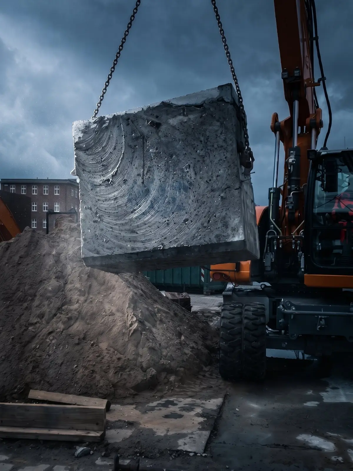 Herausgesägter Betonblock hängt am Bagger über der Baustelle