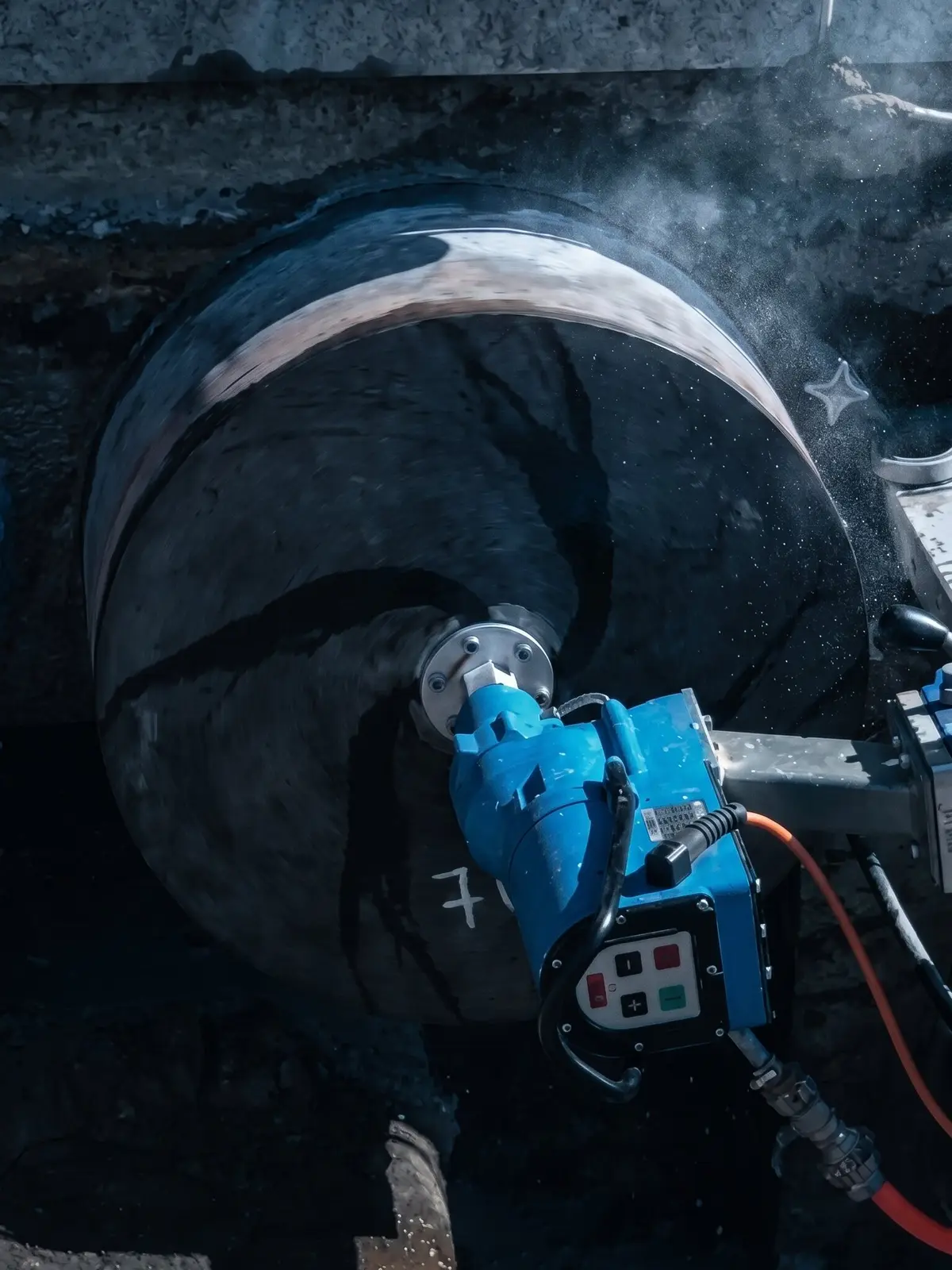 Kernbohrgerät mit großer Bohrkrone an einem Betonrohr, Sprühnebel im Gegenlicht