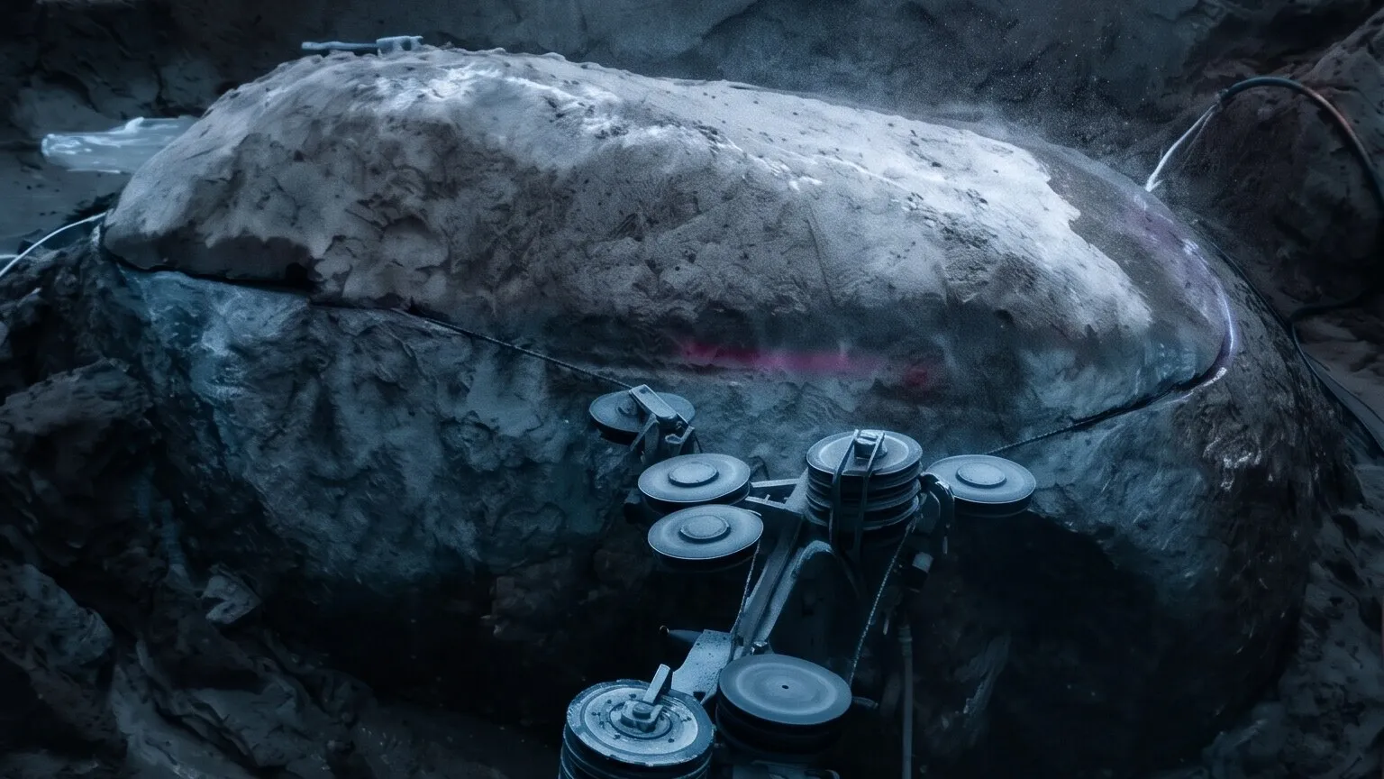 Seilsäge schneidet einen großen Findling in der Baugrube, das Diamantseil läuft um den Stein