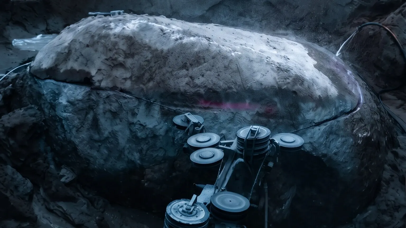 Seilsäge schneidet einen großen Findling in der Baugrube, das Diamantseil läuft um den Stein