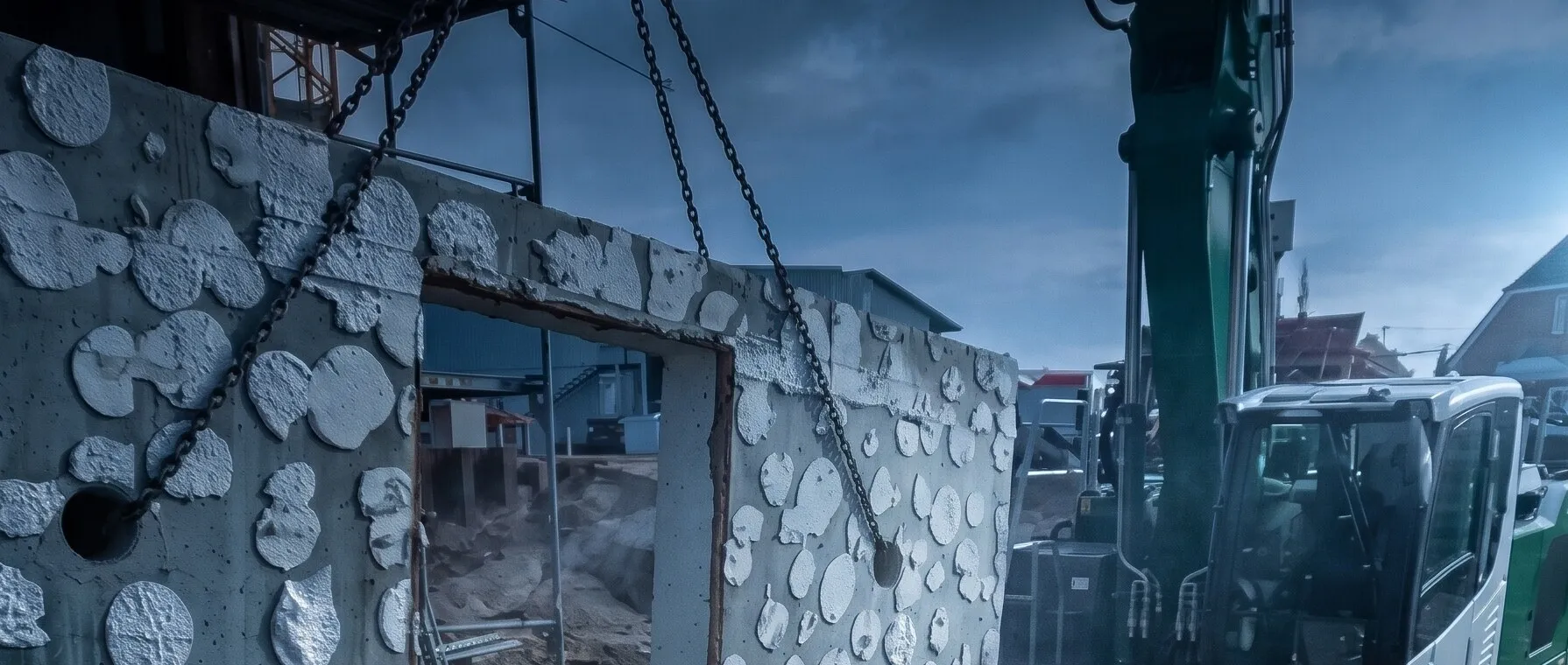 Betonwand mit vielen Kernbohrungen hängt an Ketten, daneben der Bagger auf der Baustelle